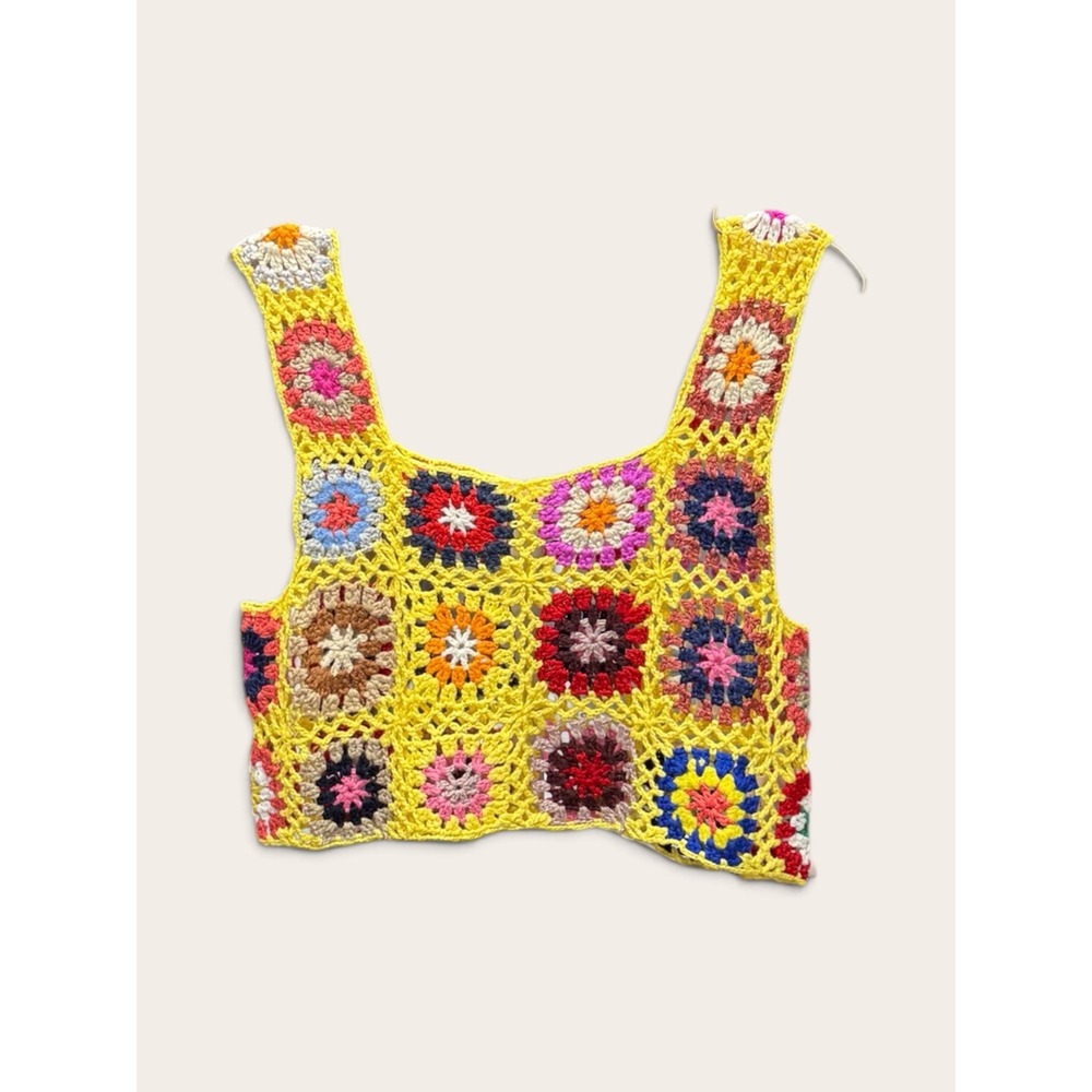 Adora Womens Crochet Granny Square Crop Top Yellow Multi Color Boho Knit Tank OS